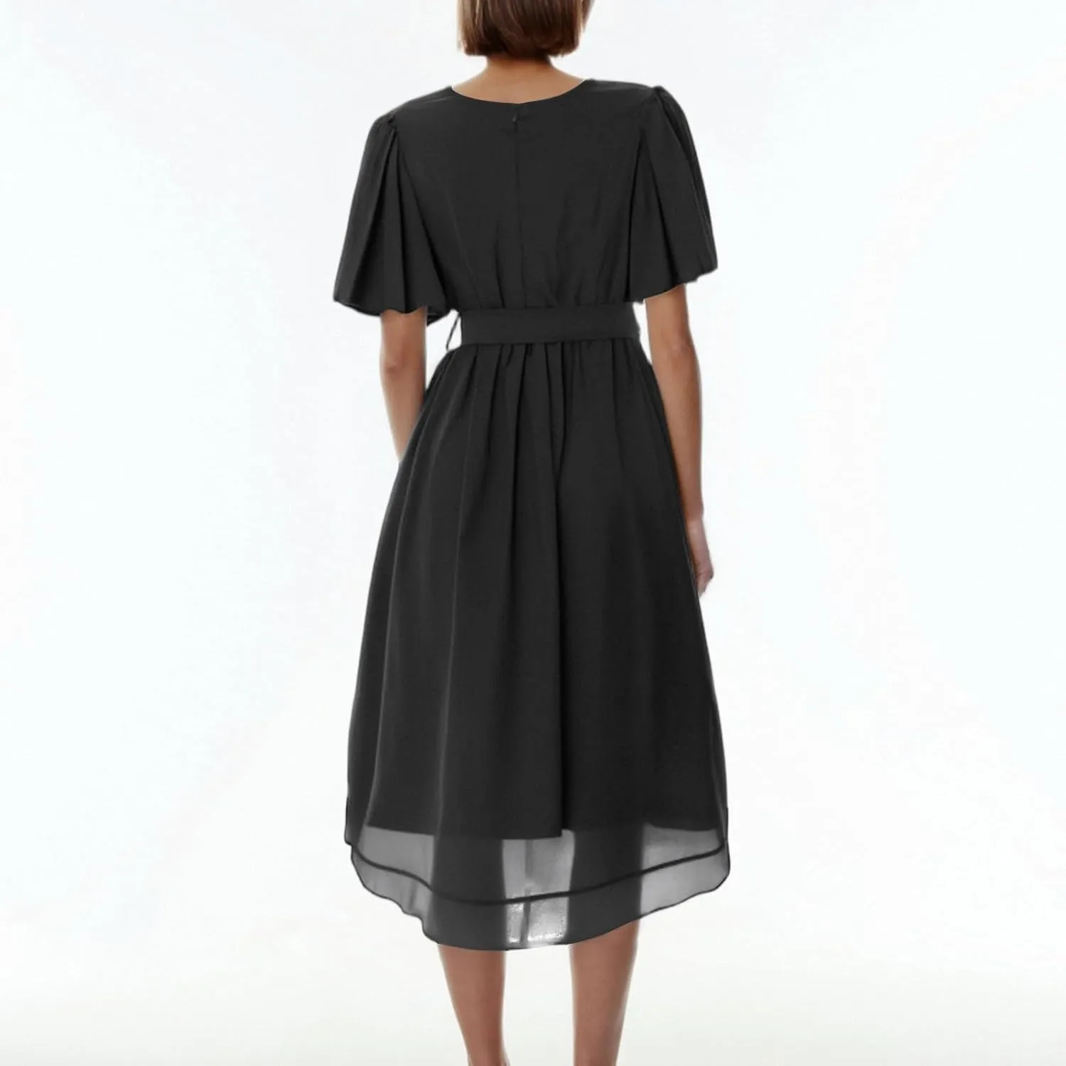 Summer Floral Chiffon Dresses for Women 2025 Midi Trendy Flowy Swing Tie Elastic Waist Short Sleeve V Neck A Line Dress
