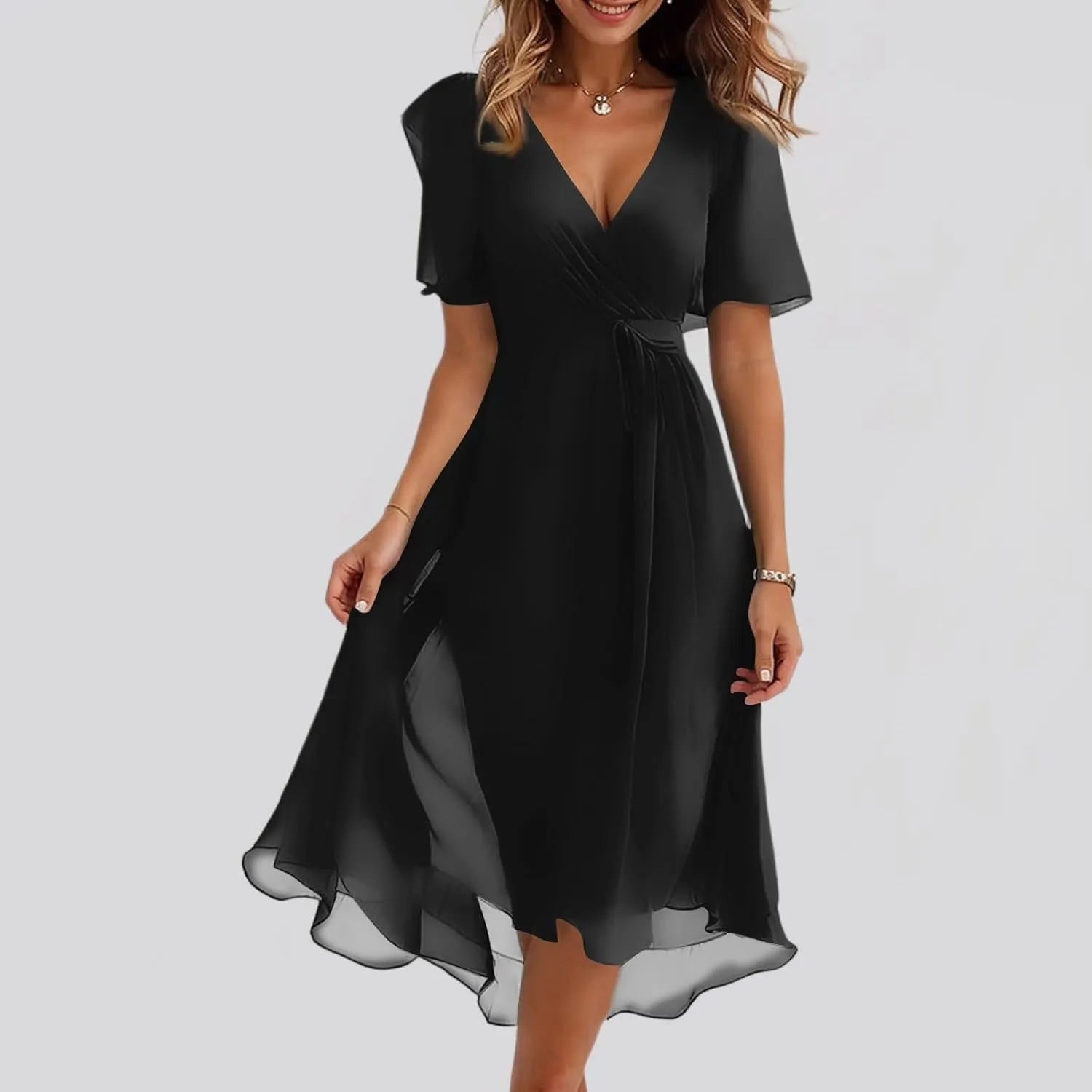 Summer Floral Chiffon Dresses for Women 2025 Midi Trendy Flowy Swing Tie Elastic Waist Short Sleeve V Neck A Line Dress
