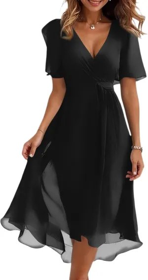 Summer Floral Chiffon Dresses for Women 2025 Midi Trendy Flowy Swing Tie Elastic Waist Short Sleeve V Neck A Line Dress
