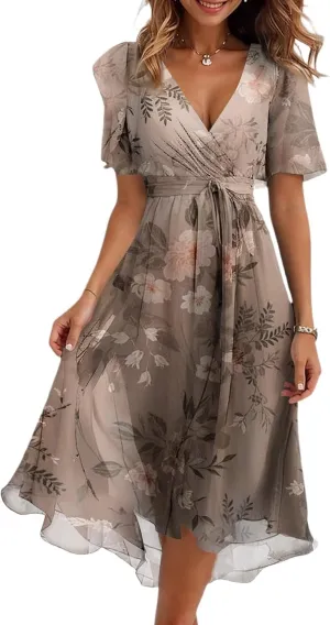 Summer Floral Chiffon Dresses for Women 2025 Midi Trendy Flowy Swing Tie Elastic Waist Short Sleeve V Neck A Line Dress