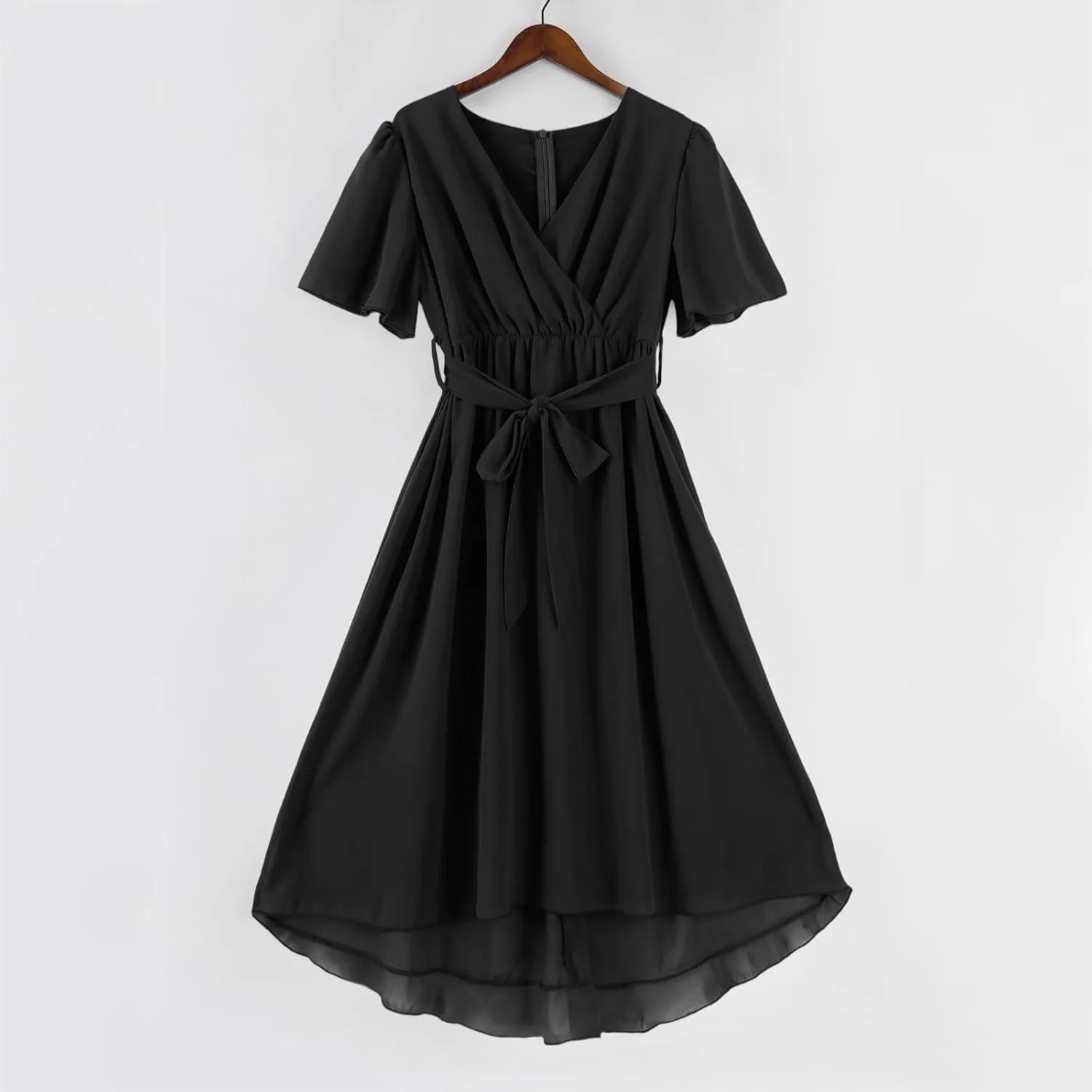 Summer Floral Chiffon Dresses for Women 2025 Midi Trendy Flowy Swing Tie Elastic Waist Short Sleeve V Neck A Line Dress