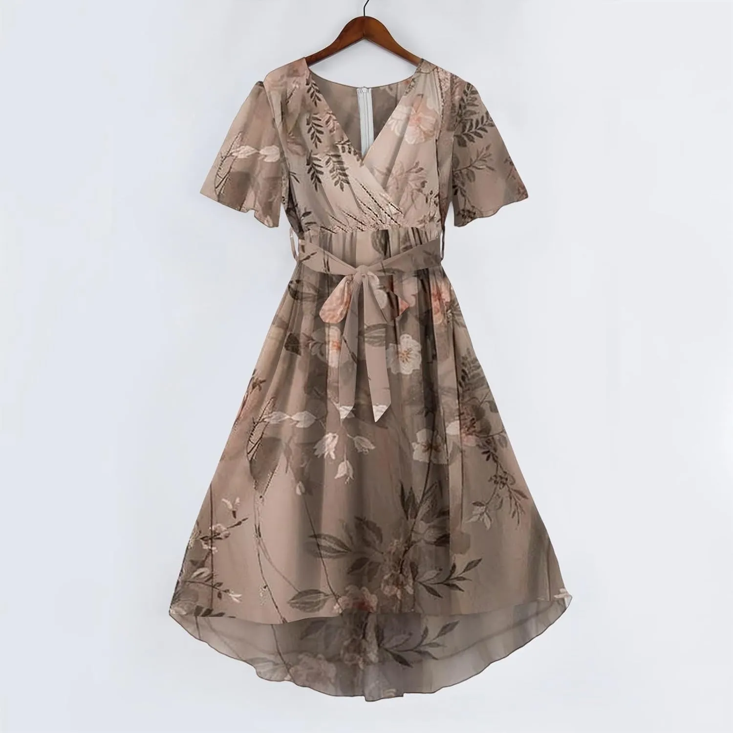 Summer Floral Chiffon Dresses for Women 2025 Midi Trendy Flowy Swing Tie Elastic Waist Short Sleeve V Neck A Line Dress