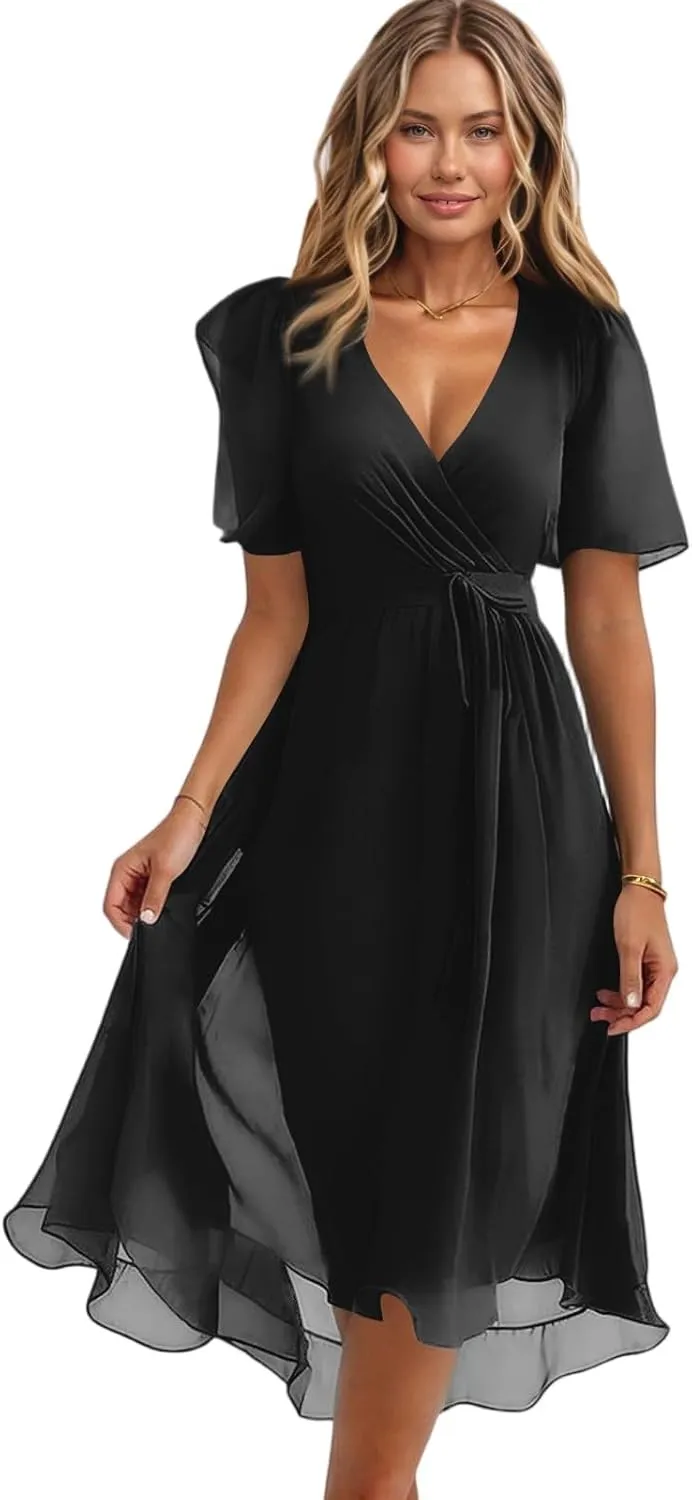 Summer Floral Chiffon Dresses for Women 2025 Midi Trendy Flowy Swing Tie Elastic Waist Short Sleeve V Neck A Line Dress