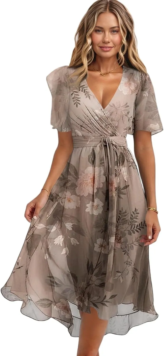 Summer Floral Chiffon Dresses for Women 2025 Midi Trendy Flowy Swing Tie Elastic Waist Short Sleeve V Neck A Line Dress