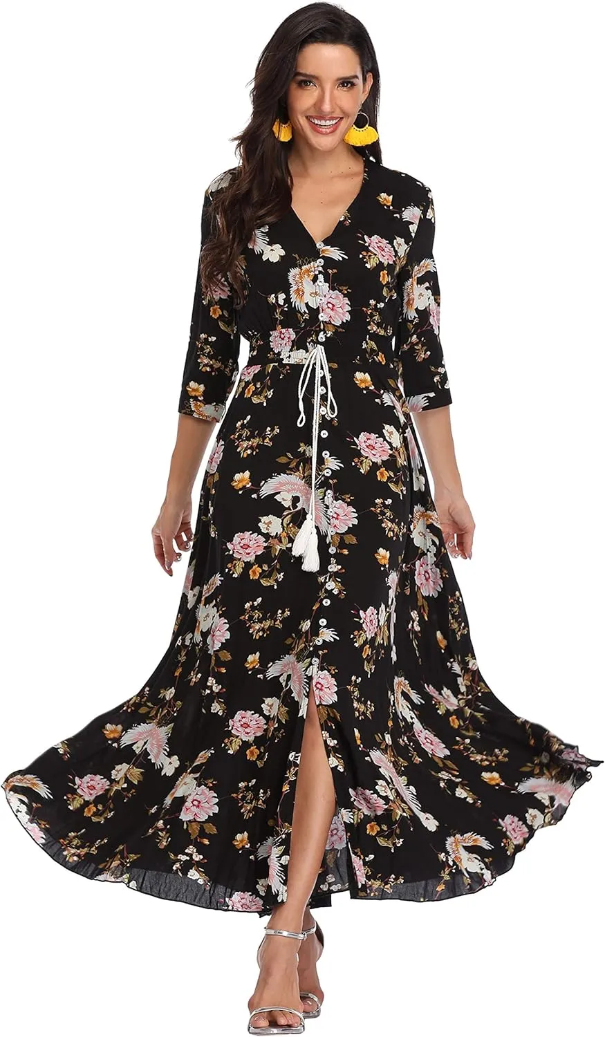 Summer Floral Print Maxi Dress Women Button Up Split Long Flowy Bohemian Beach Party Dresses