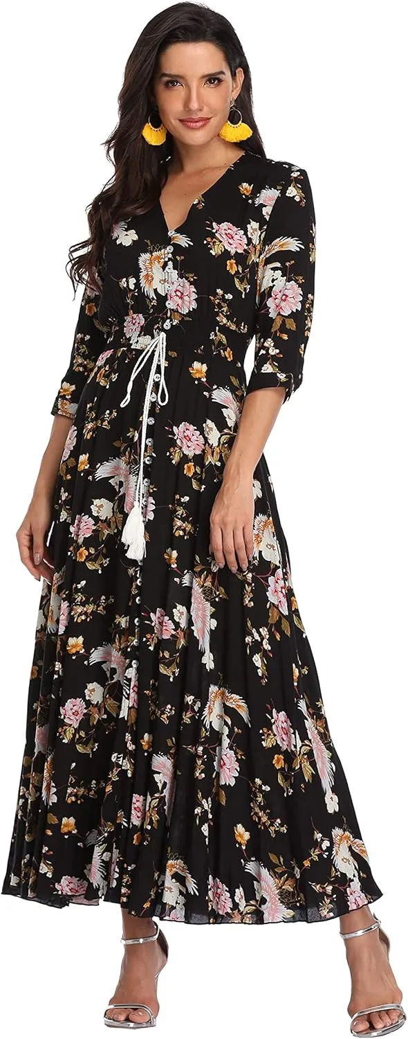 Summer Floral Print Maxi Dress Women Button Up Split Long Flowy Bohemian Beach Party Dresses
