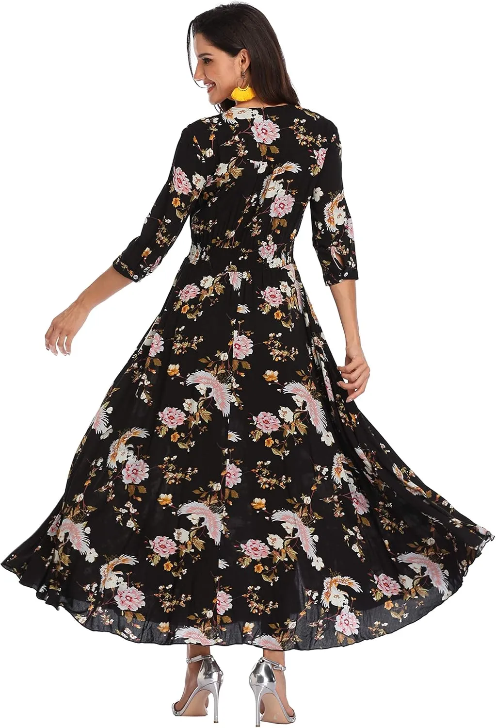 Summer Floral Print Maxi Dress Women Button Up Split Long Flowy Bohemian Beach Party Dresses