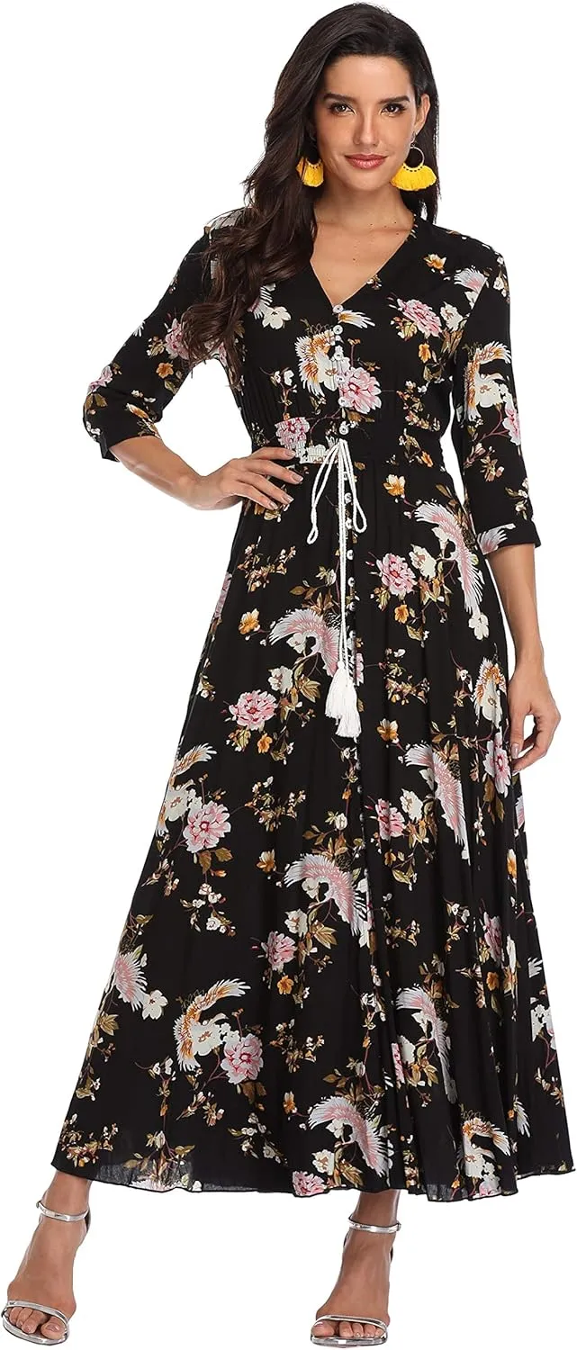 Summer Floral Print Maxi Dress Women Button Up Split Long Flowy Bohemian Beach Party Dresses