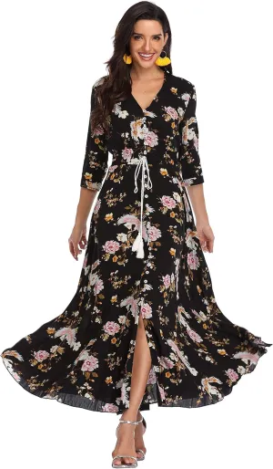 Summer Floral Print Maxi Dress Women Button Up Split Long Flowy Bohemian Beach Party Dresses