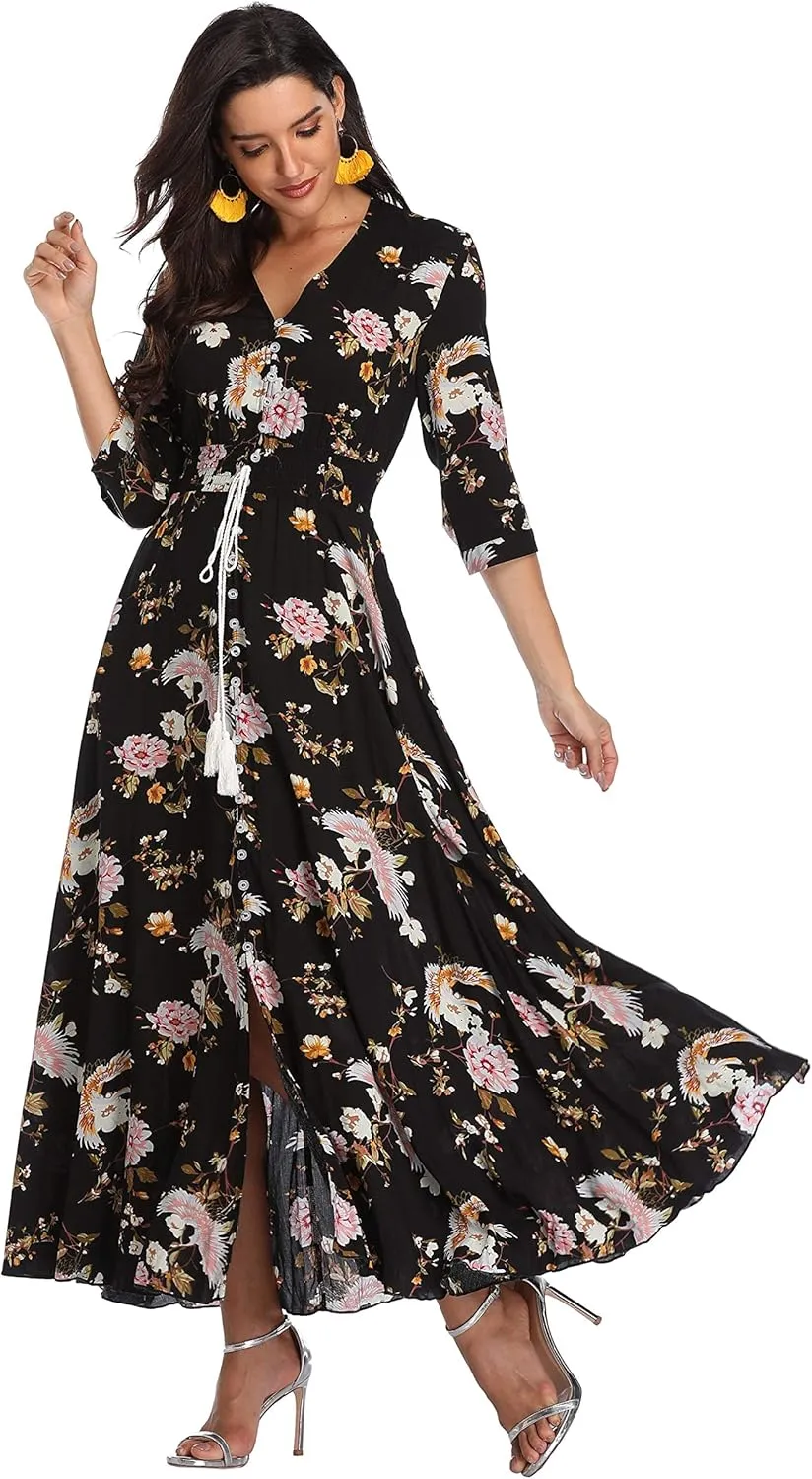 Summer Floral Print Maxi Dress Women Button Up Split Long Flowy Bohemian Beach Party Dresses