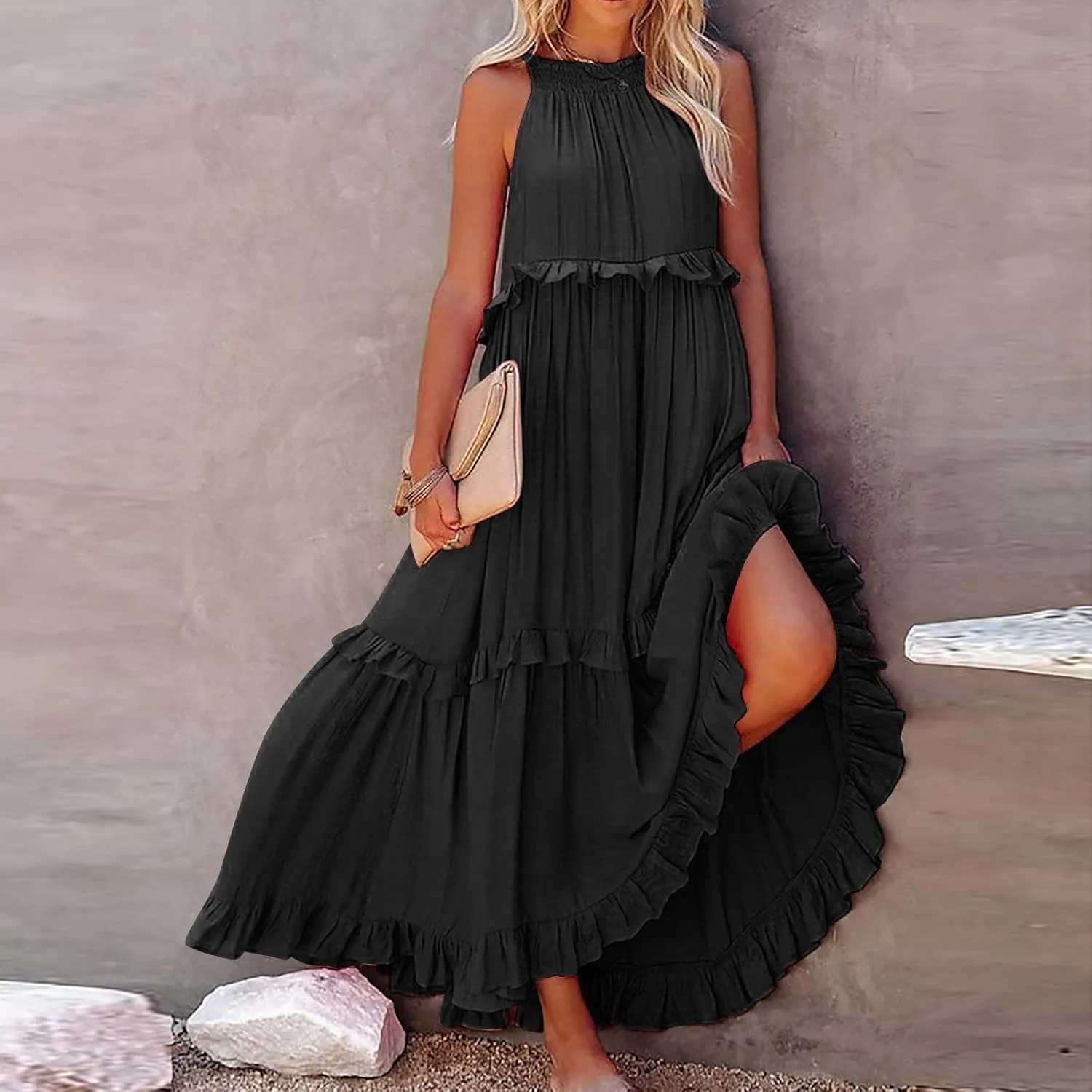Summer Maxi Dresses for Women 2025 Elegant Flowy Tiered Ruffle Dress Casual Loose Swing Beach Vacation Clothes