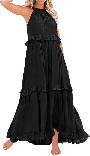 Summer Maxi Dresses for Women 2025 Elegant Flowy Tiered Ruffle Dress Casual Loose Swing Beach Vacation Clothes