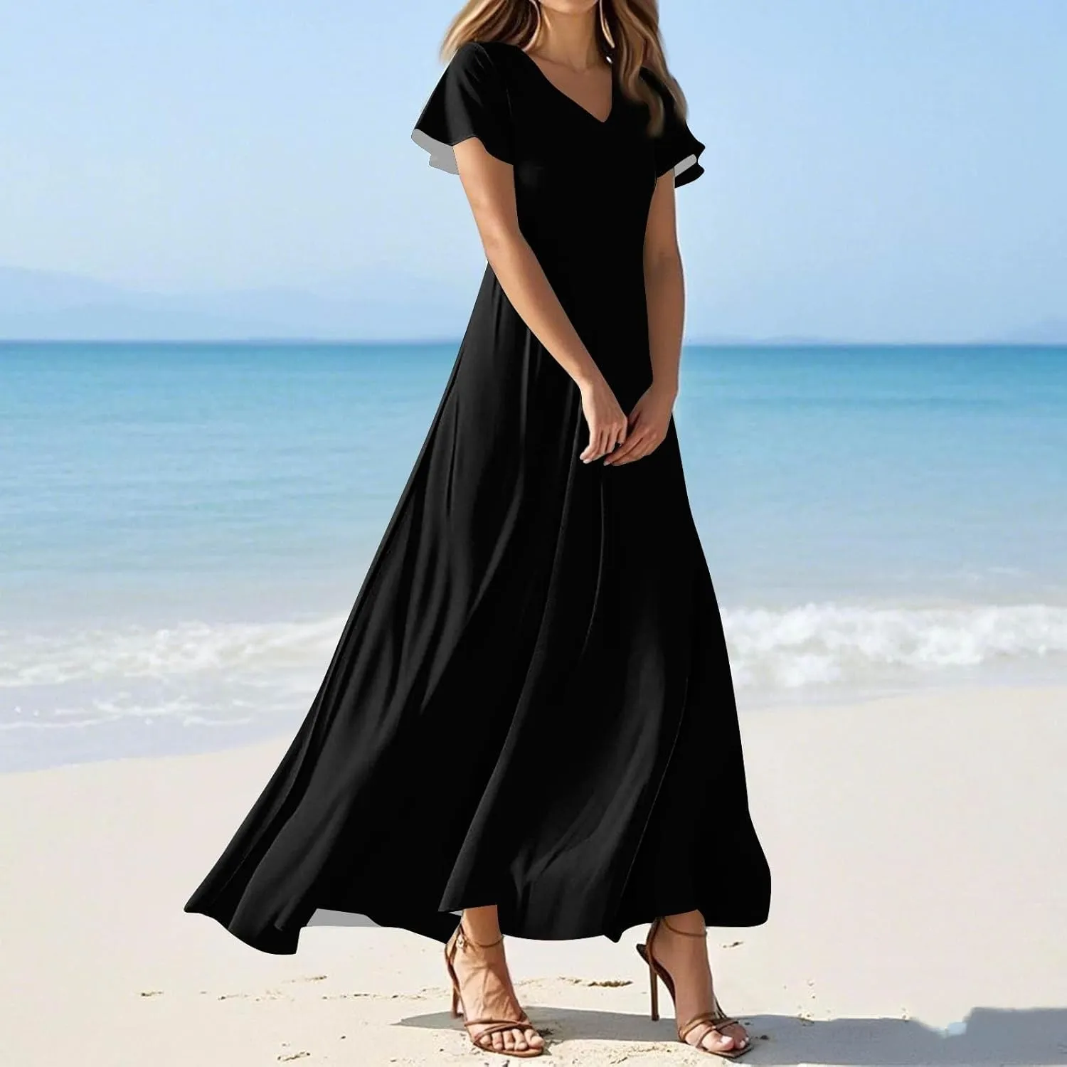 Summer Maxi Dresses for Women 2025 Floral V Neck Long Sundresses for Beach Vacation Flowy Casual Wedding Guest Dress