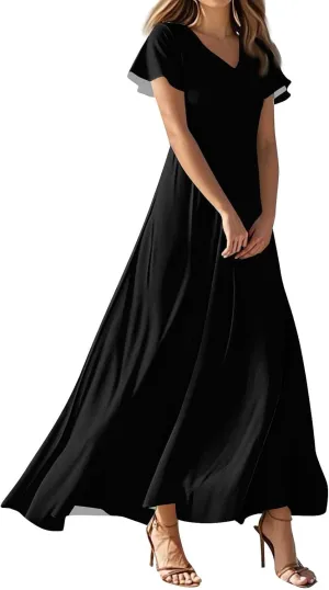 Summer Maxi Dresses for Women 2025 Floral V Neck Long Sundresses for Beach Vacation Flowy Casual Wedding Guest Dress
