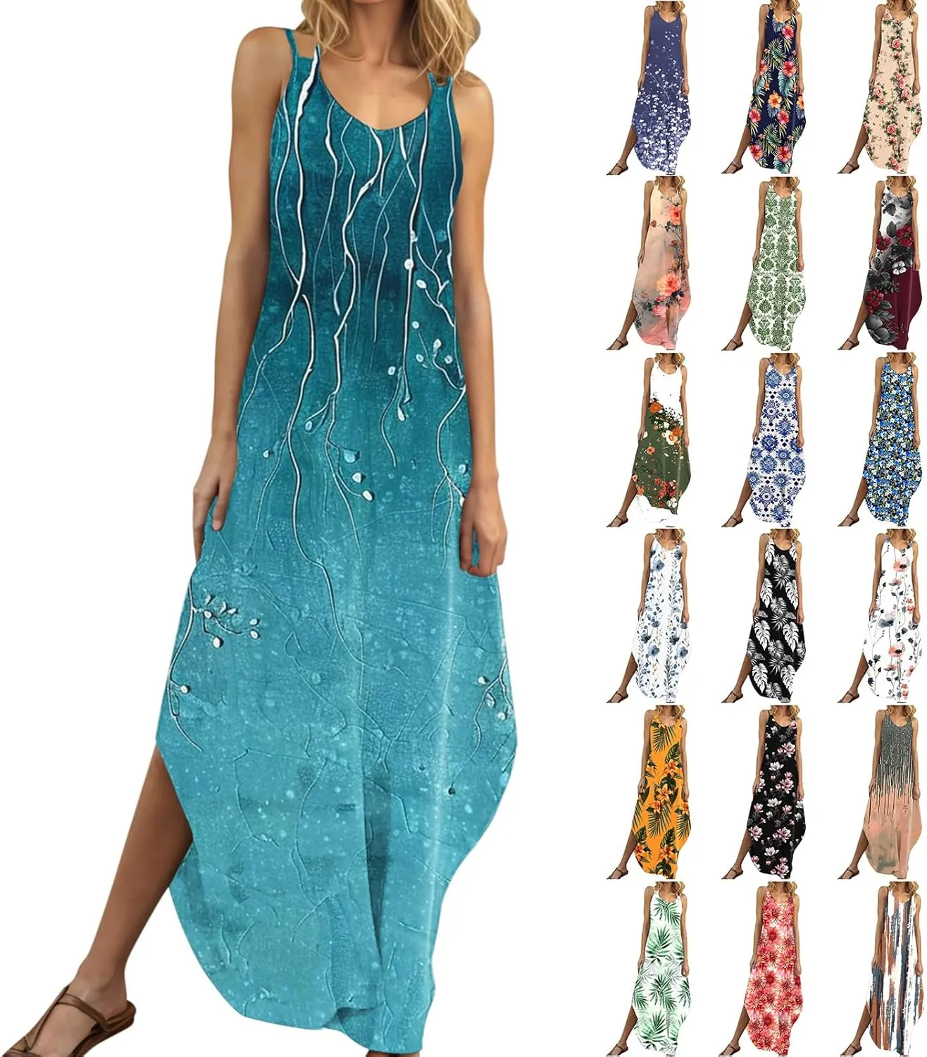 Summer Maxi Long Dresses for Women 2025 Sexy Spaghetti Strap v Neck Split Dress Casual Beach Sundress Vacation Outfits