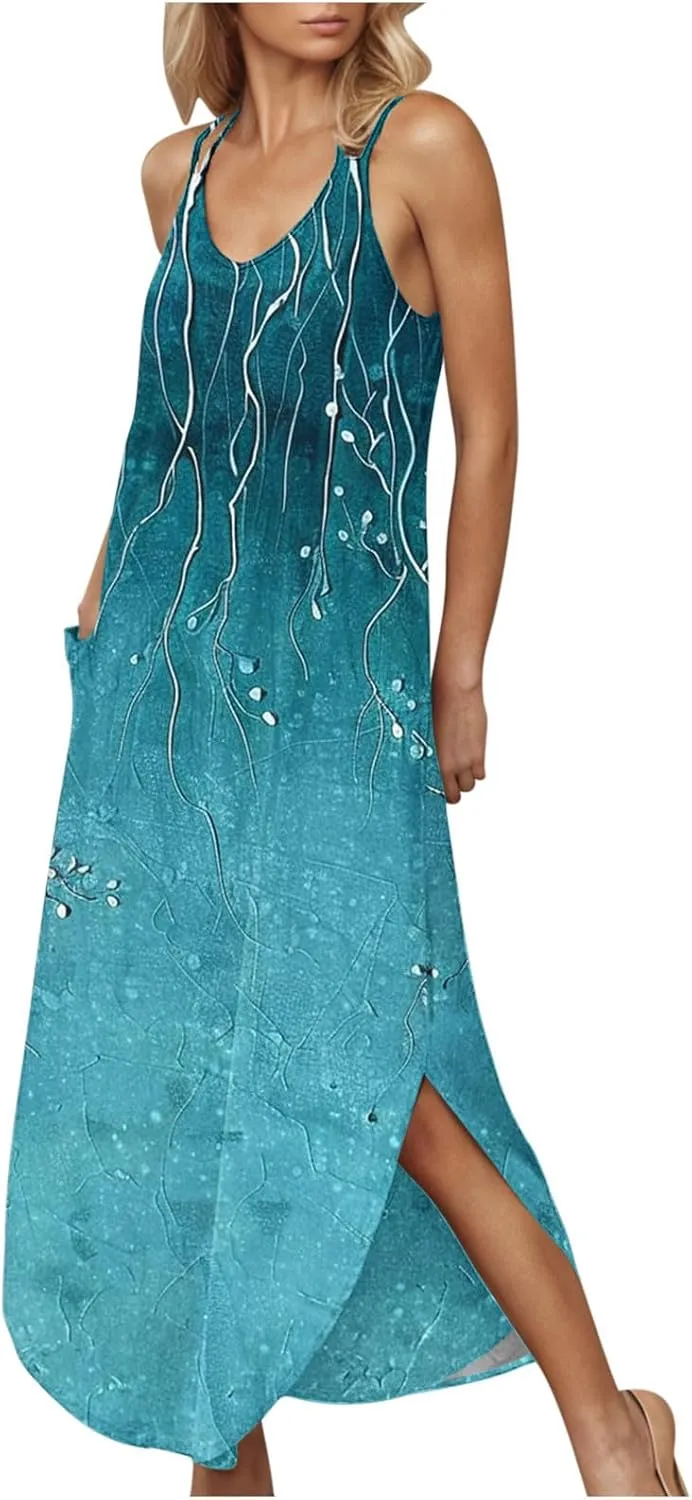 Summer Maxi Long Dresses for Women 2025 Sexy Spaghetti Strap v Neck Split Dress Casual Beach Sundress Vacation Outfits
