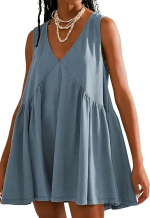Summer Sleeveless Mini Short Cute Dresses V Neck Casual Loose Beach Sundress with Pockets