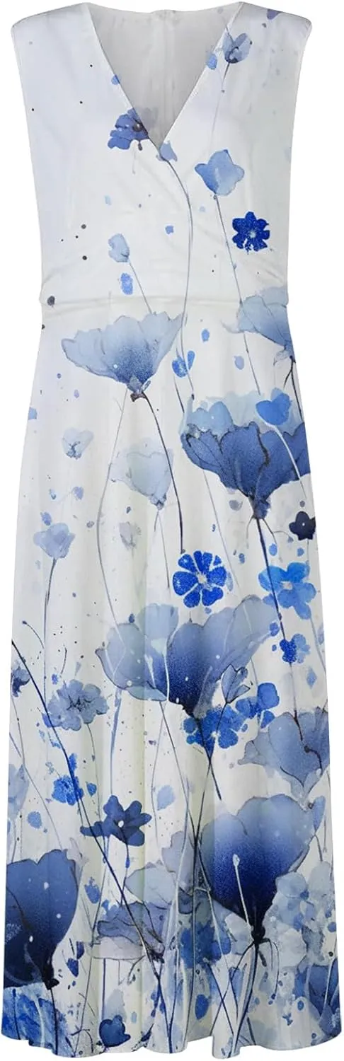 Sun Dresses for Women, Casual Spring Summer Elegant Wrap V Neck Sleeveless Maxi Dresses, Floral Print Flowy Beach Dress
