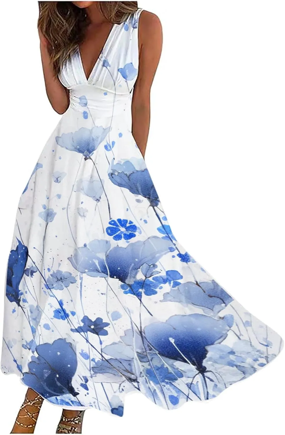 Sun Dresses for Women, Casual Spring Summer Elegant Wrap V Neck Sleeveless Maxi Dresses, Floral Print Flowy Beach Dress