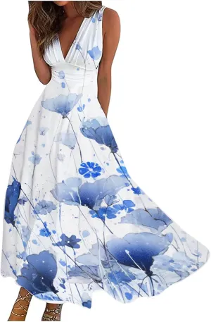 Sun Dresses for Women, Casual Spring Summer Elegant Wrap V Neck Sleeveless Maxi Dresses, Floral Print Flowy Beach Dress