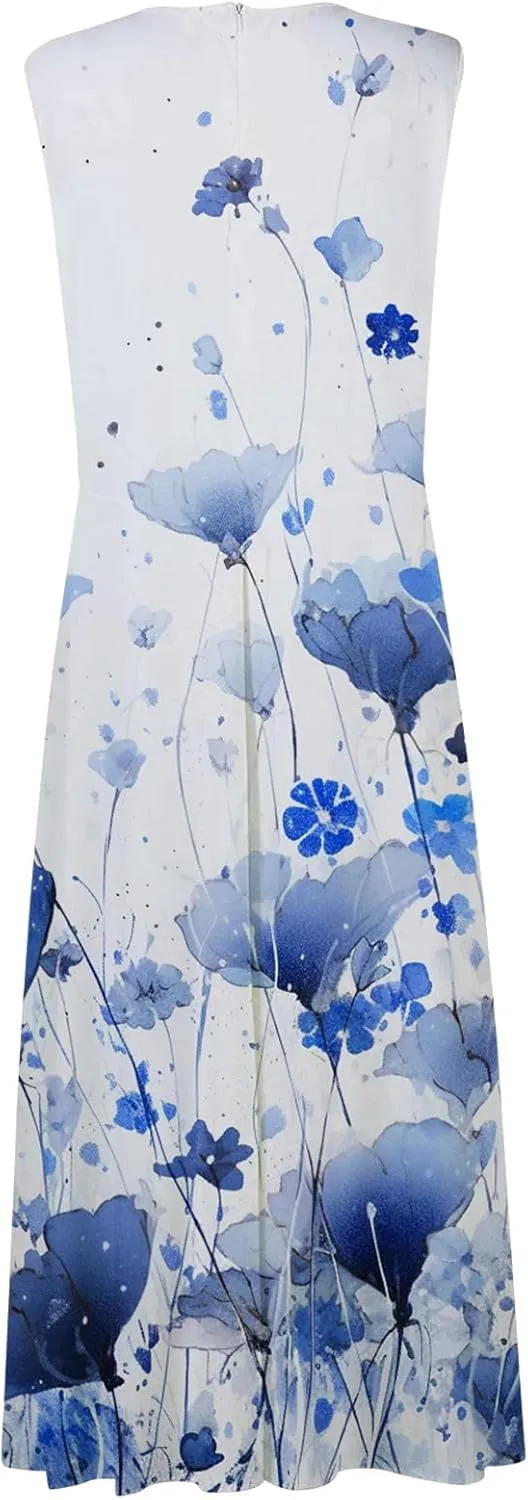 Sun Dresses for Women, Casual Spring Summer Elegant Wrap V Neck Sleeveless Maxi Dresses, Floral Print Flowy Beach Dress