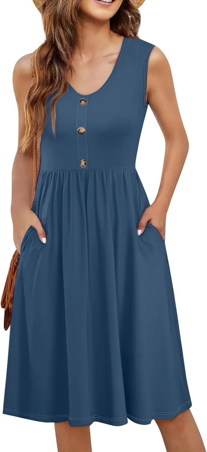 Sundresses for Women 2025 Casual Sleeveless Button V Neck Midi Dress Pleated Tank Dress with Pocket Summer Beach Outfits