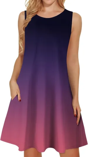 Sundresses for Women 2025 Summer Vacation Beach Dresses Elegant Crew Neck Sleeveless Midi Dress with Pockets