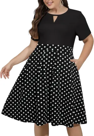Sureple Women's Plus Size Casual Dress Short Sleeve Pleated Vintage Cocktail Aline Midi Dresses with Pocket