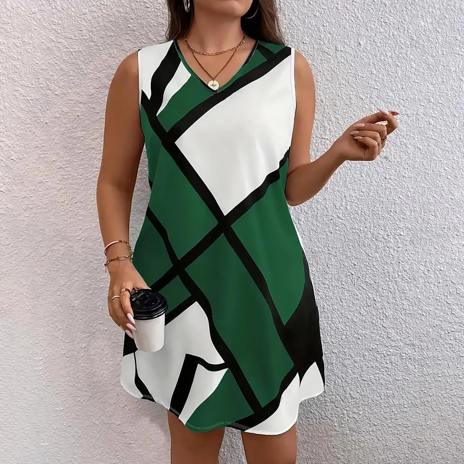 Tank Dress Geometric Printed Plus Size Dresses V-Neck Sleeveless Loose Midi Dresses Summer Dresses for Women 2025