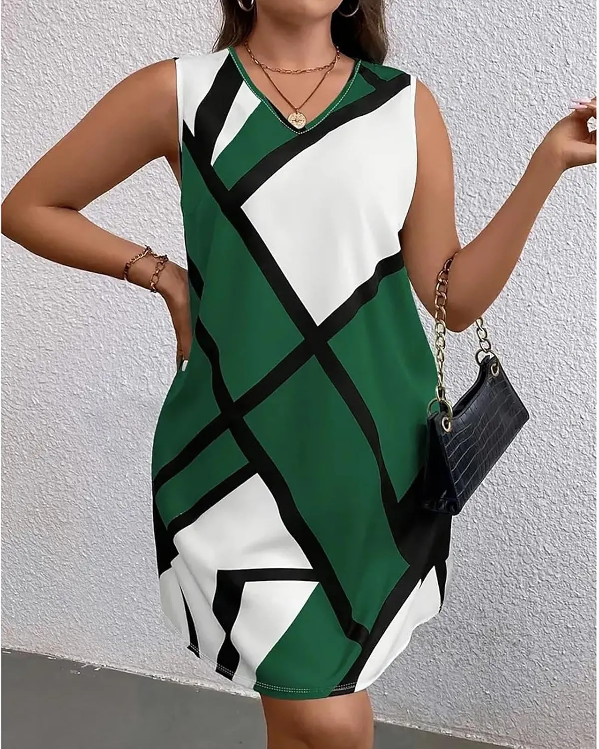 Tank Dress Geometric Printed Plus Size Dresses V-Neck Sleeveless Loose Midi Dresses Summer Dresses for Women 2025