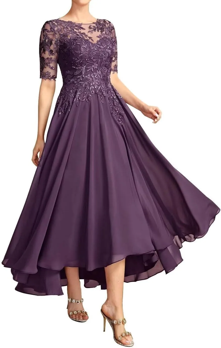 Tea Length Mother of The Bride Dresses for Wedding Chiffon Lace Applique Formal Evening Party Gown with Sleeves MK50