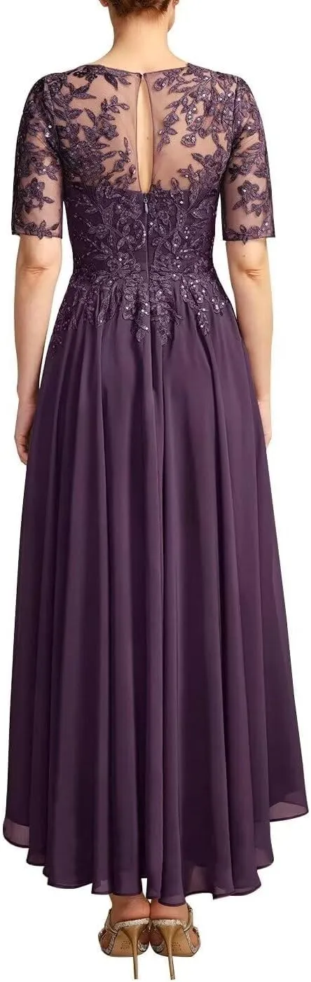 Tea Length Mother of The Bride Dresses for Wedding Chiffon Lace Applique Formal Evening Party Gown with Sleeves MK50