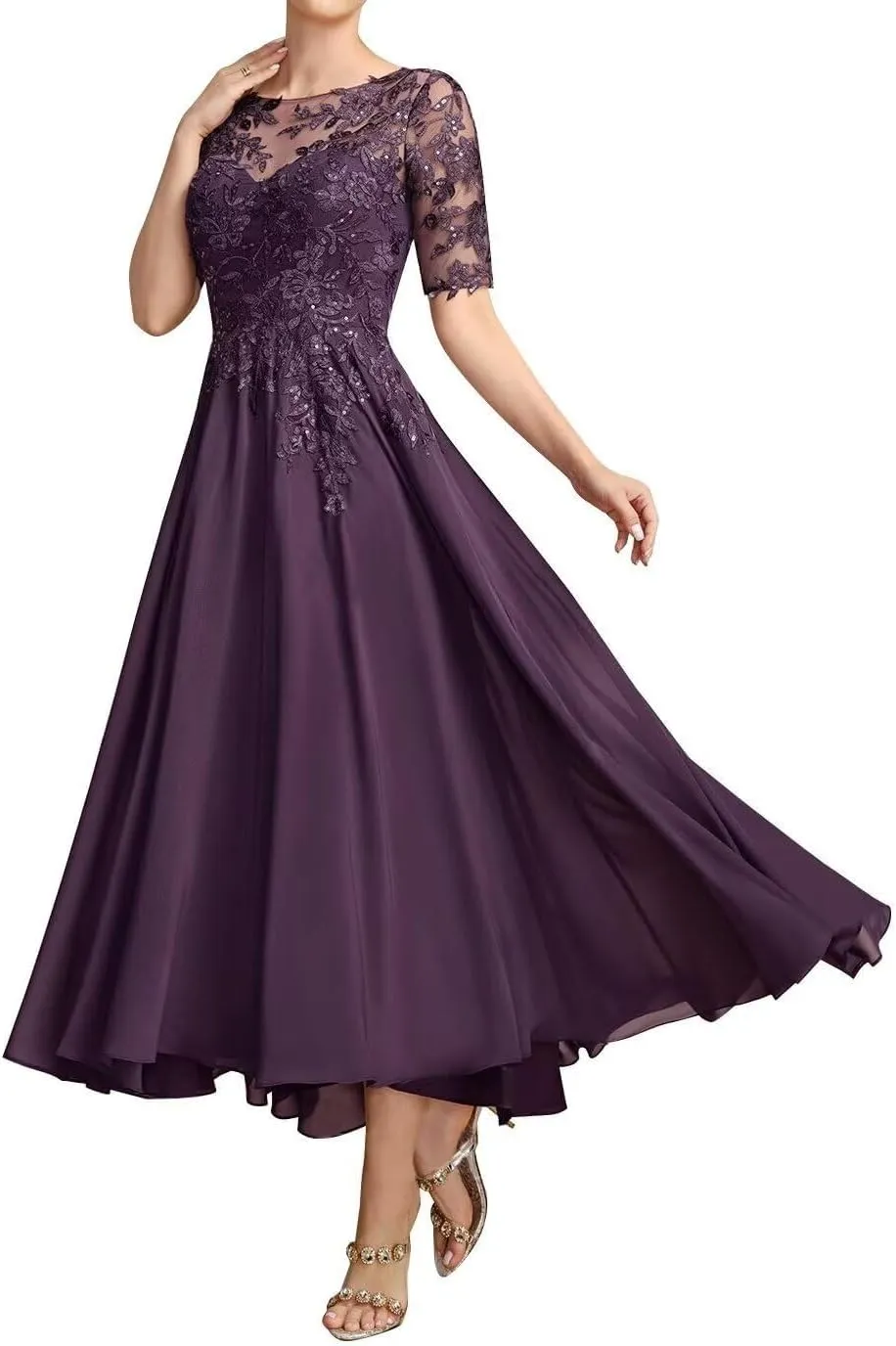 Tea Length Mother of The Bride Dresses for Wedding Chiffon Lace Applique Formal Evening Party Gown with Sleeves MK50