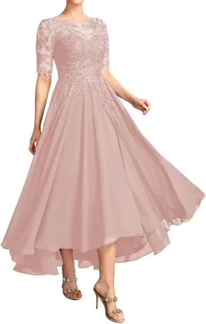 Tea Length Mother of The Bride Dresses for Wedding Chiffon Lace Applique Formal Evening Party Gown with Sleeves MK50