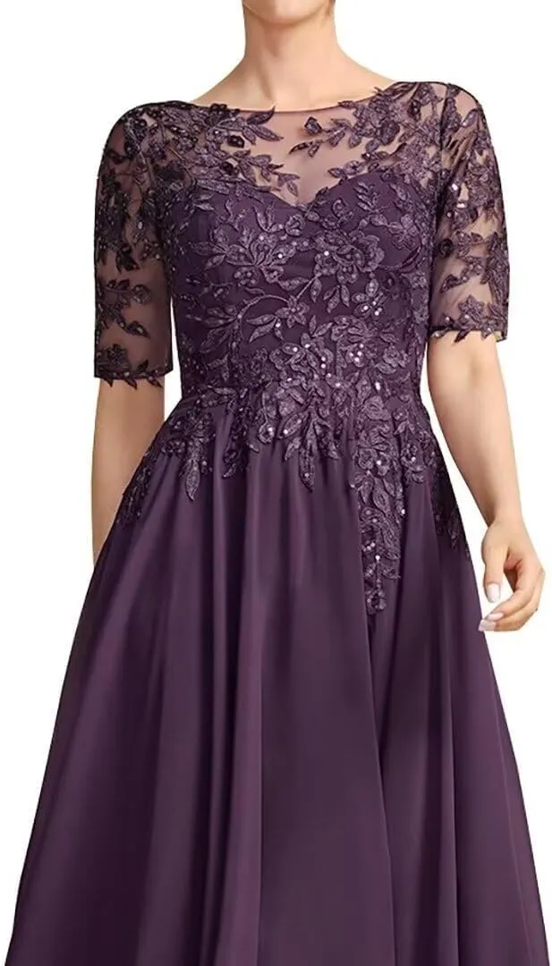 Tea Length Mother of The Bride Dresses for Wedding Chiffon Lace Applique Formal Evening Party Gown with Sleeves MK50