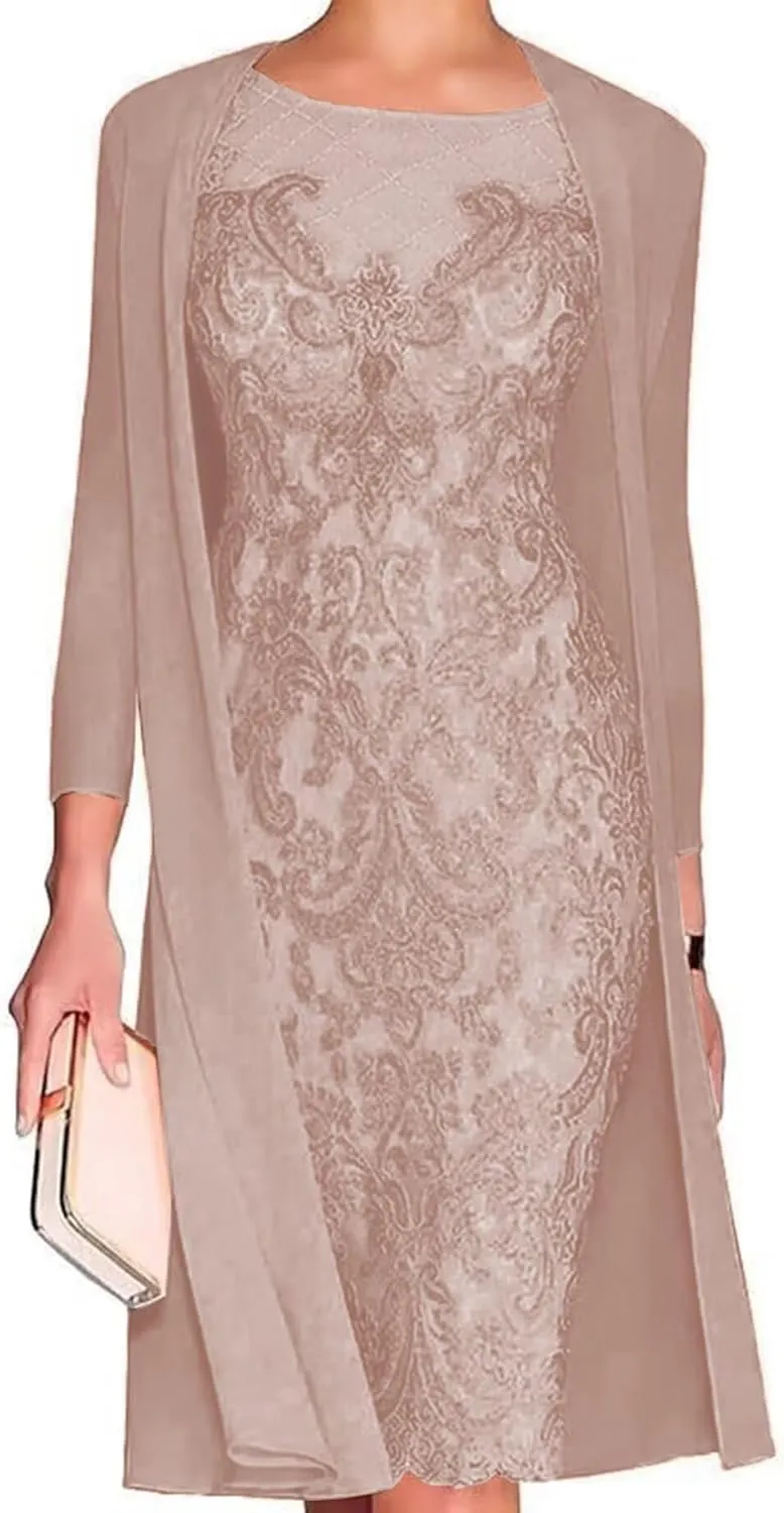 Tea Length Mother of The Bride Dresses for Wedding with Jacket Chiffon 2PC Elegant Grandmother of The Bride Dress