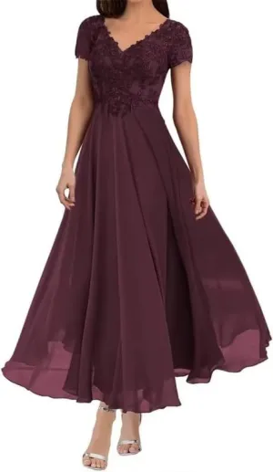 Tea Length Mother of The Bride Dresses for Wedding with Sleeves Lace Appliques V Neck Formal Evening Gowns
