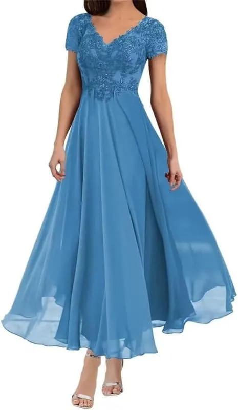 Tea Length Mother of The Bride Dresses for Wedding with Sleeves Lace Appliques V Neck Formal Evening Gowns