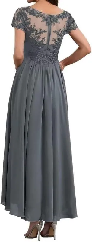 Tea Length Mother of The Bride Dresses for Wedding with Sleeves Lace Appliques V Neck Formal Evening Gowns