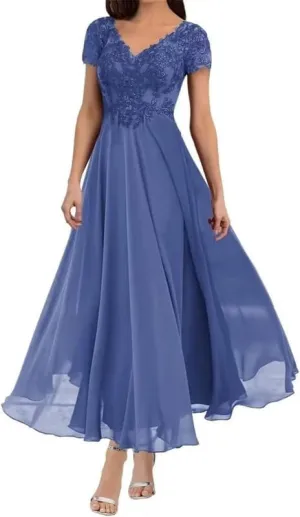 Tea Length Mother of The Bride Dresses for Wedding with Sleeves Lace Appliques V Neck Formal Evening Gowns