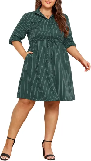 Theenkoln Womens Plus Size Button Dress Collared V Neck 3/4 Sleeve Casual Striped Print Drawstring Midi Fall Dresses with Pocket Dark Green