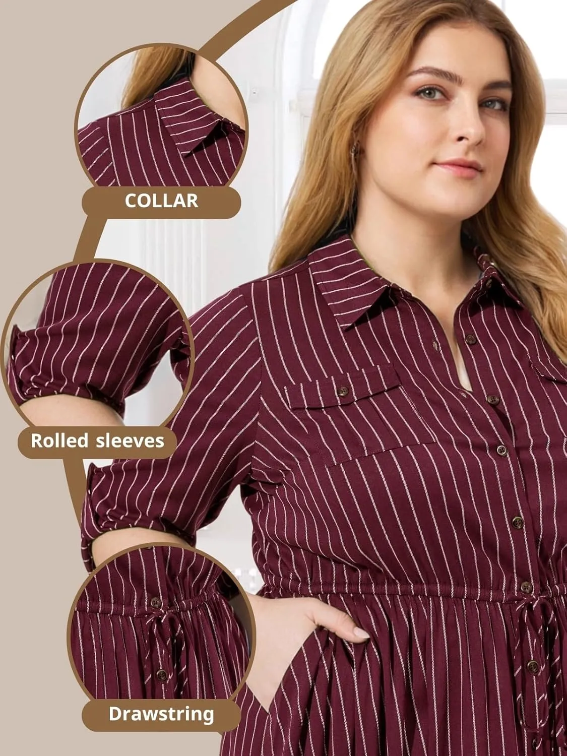Theenkoln Womens Plus Size Button Dress Collared V Neck 3/4 Sleeve Striped Casual Drawstring Midi Fall Dresses with Pocket