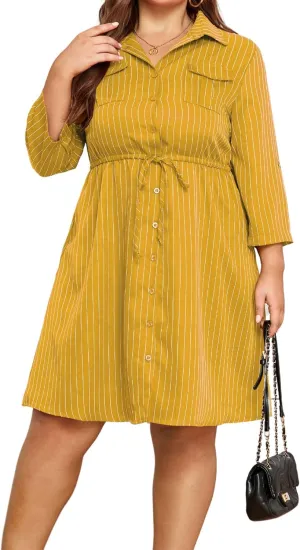 Theenkoln Womens Plus Size Button Dress Collared V Neck 3/4 Sleeve Striped Casual Drawstring Midi Fall Dresses with Pocket