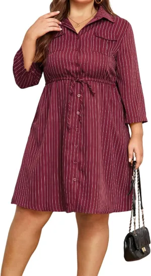 Theenkoln Womens Plus Size Button Dress Collared V Neck 3/4 Sleeve Striped Casual Drawstring Midi Fall Dresses with Pocket