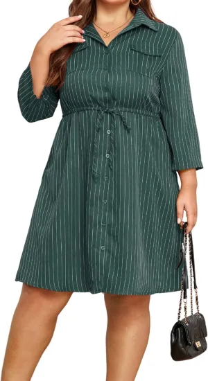Theenkoln Womens Plus Size Button Dress Collared V Neck 3/4 Sleeve Striped Casual Drawstring Midi Fall Dresses with Pocket