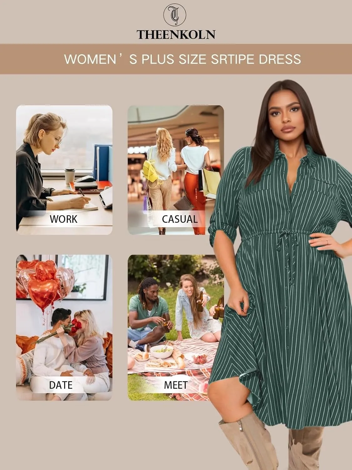 Theenkoln Womens Plus Size Button Dress Collared V Neck 3/4 Sleeve Striped Casual Drawstring Midi Fall Dresses with Pocket