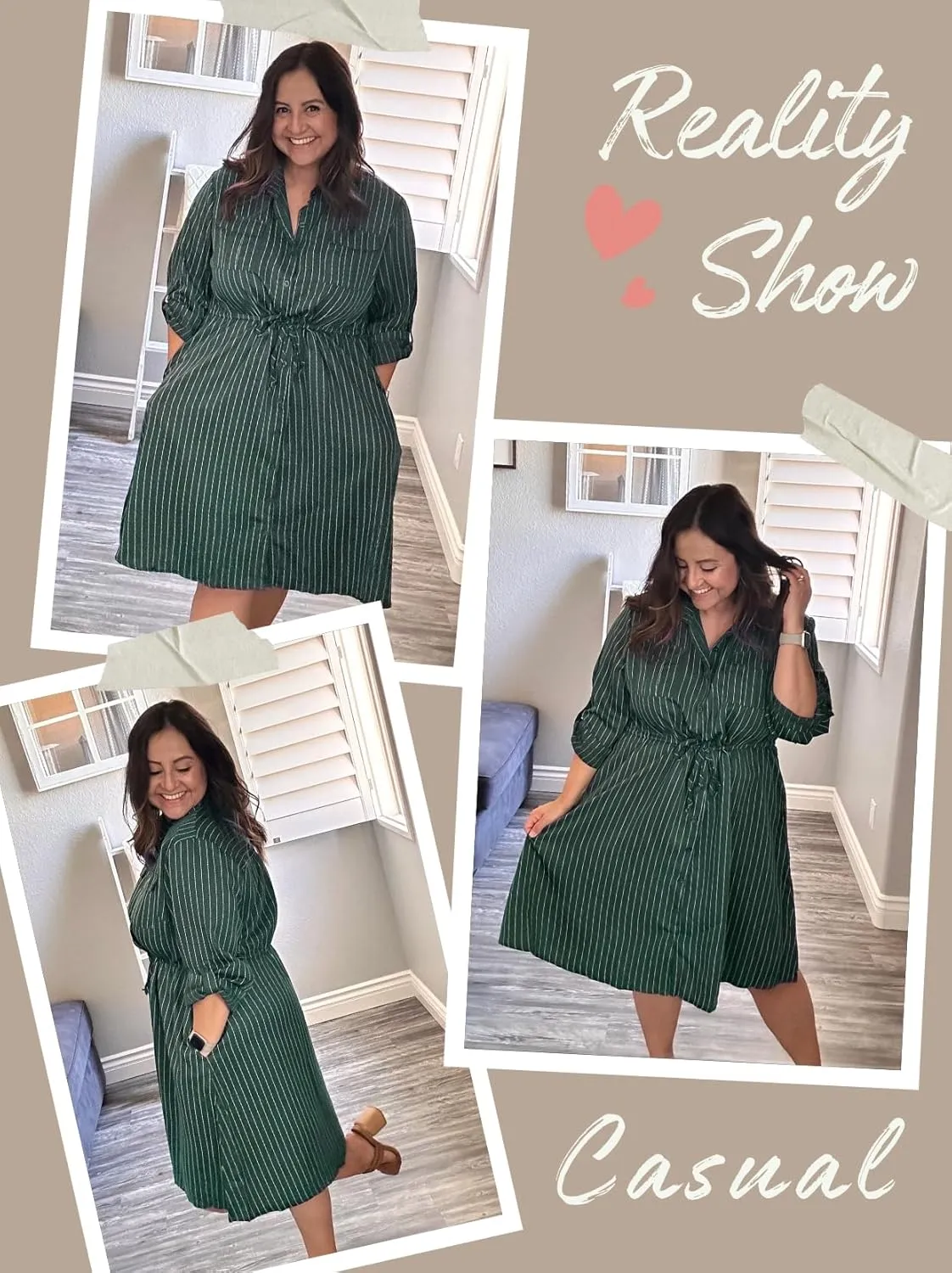 Theenkoln Womens Plus Size Button Dress Collared V Neck 3/4 Sleeve Striped Casual Drawstring Midi Fall Dresses with Pocket