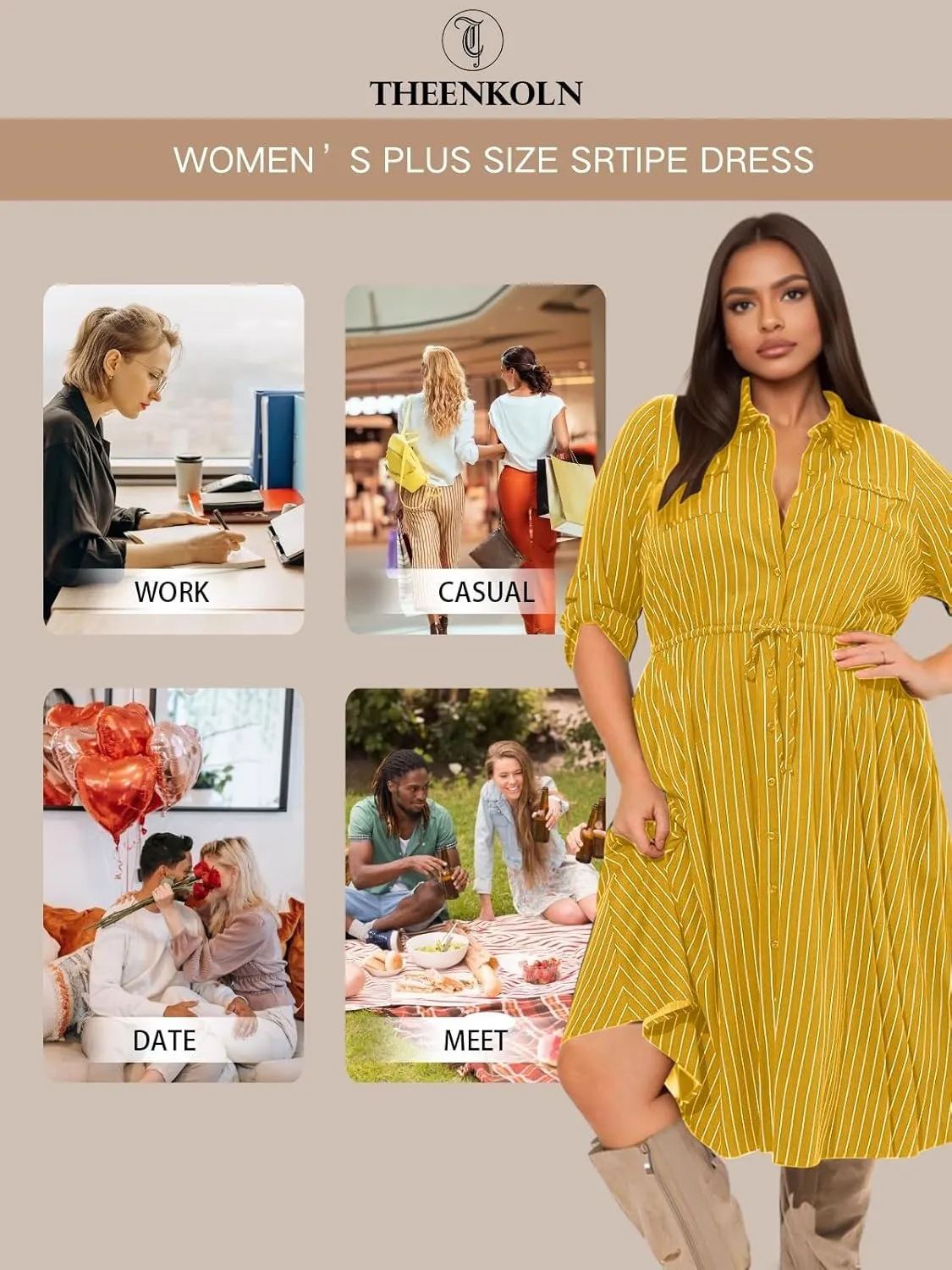 Theenkoln Womens Plus Size Button Dress Collared V Neck 3/4 Sleeve Striped Casual Drawstring Midi Fall Dresses with Pocket