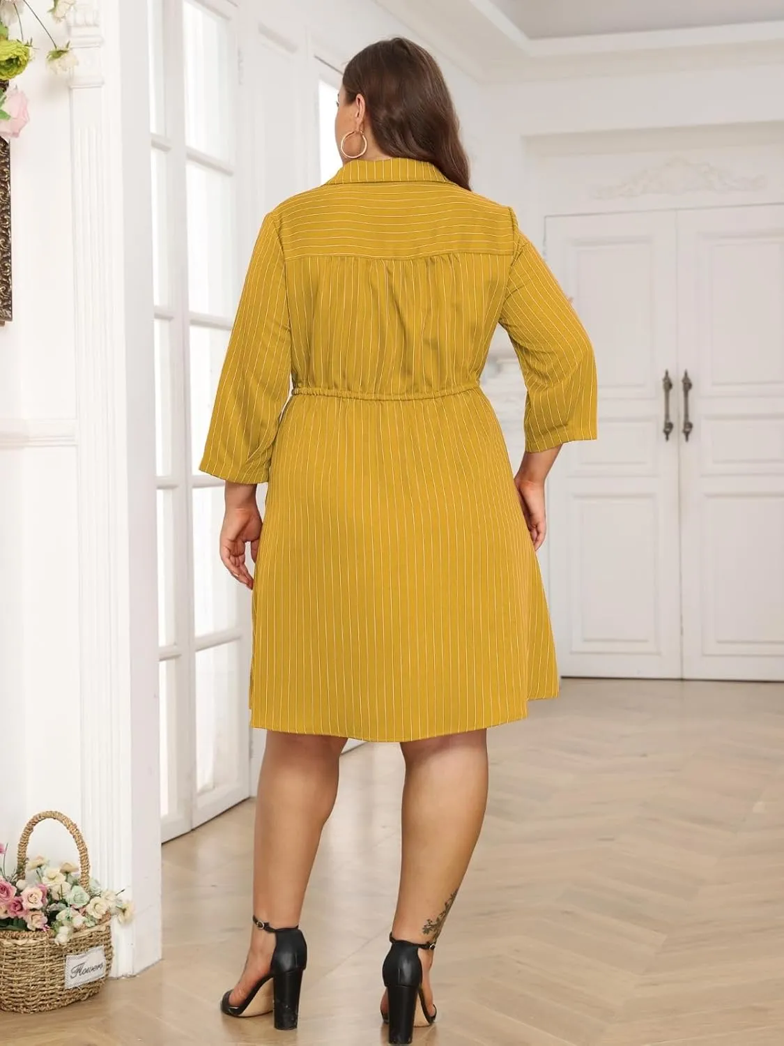 Theenkoln Womens Plus Size Button Dress Collared V Neck 3/4 Sleeve Striped Casual Drawstring Midi Fall Dresses with Pocket