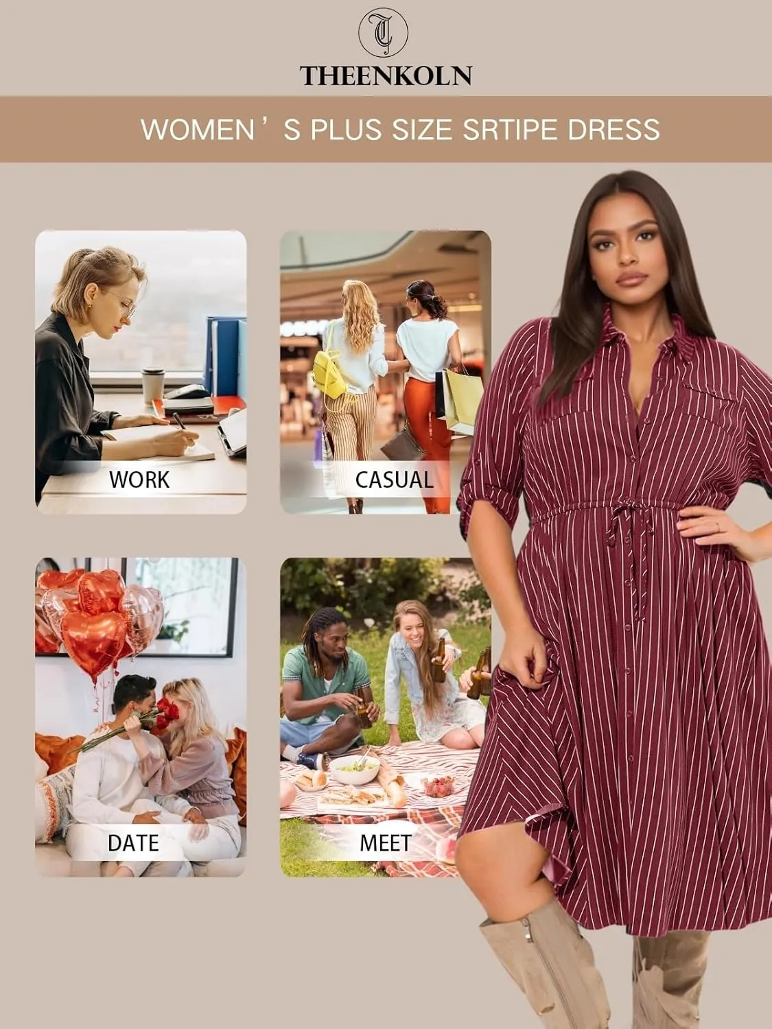 Theenkoln Womens Plus Size Button Dress Collared V Neck 3/4 Sleeve Striped Casual Drawstring Midi Fall Dresses with Pocket